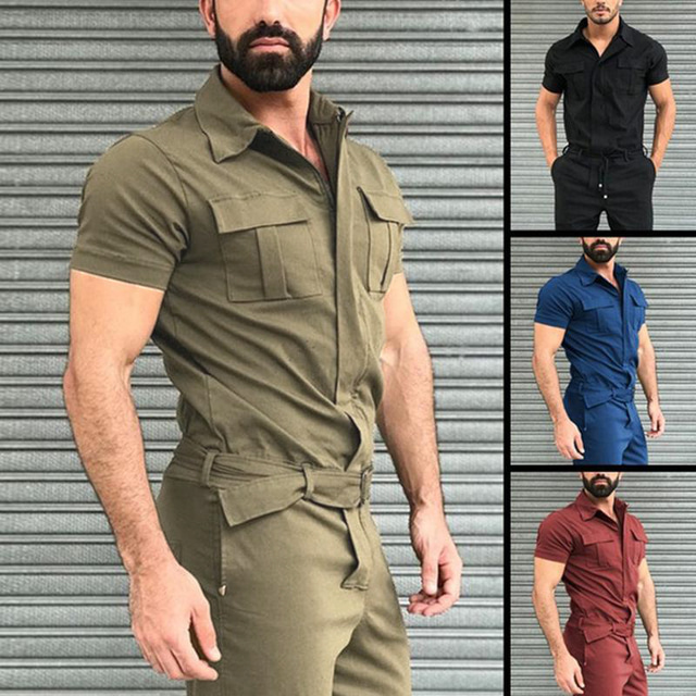  Macacão militar masculino de manga curta com vários bolsos macacão de moda ripstop uma peça calças casuais treino resistente a rugas