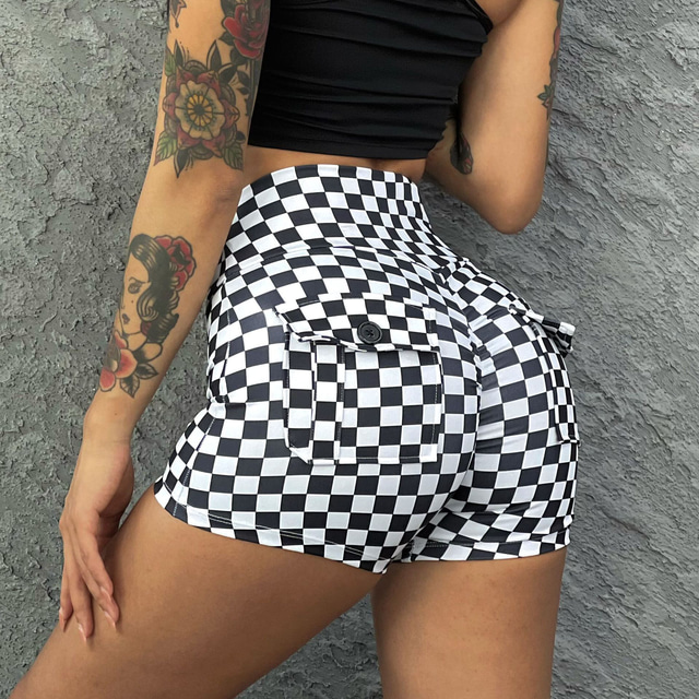  Women's Yoga Shorts Workout Shorts High Waist Spandex Black / White Red Skort Bottoms Plaid Tummy Control Butt Lift Quick Dry Pocket Clothing Clothes Yoga Fitness Gym Workout Running / Stretchy
