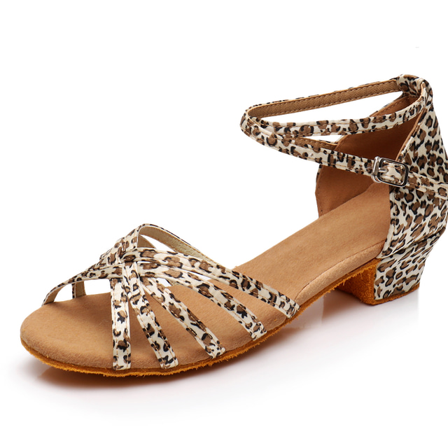  Damen Schuhe für den lateinamerikanischen Tanz Ballsaal Salsa Schuhe Line Dance Innen Praxis Professionell Satin Grundlegend Sandalen Absätze Niedriger Absatz Schnalle Kinder Leopard Aktmalerei