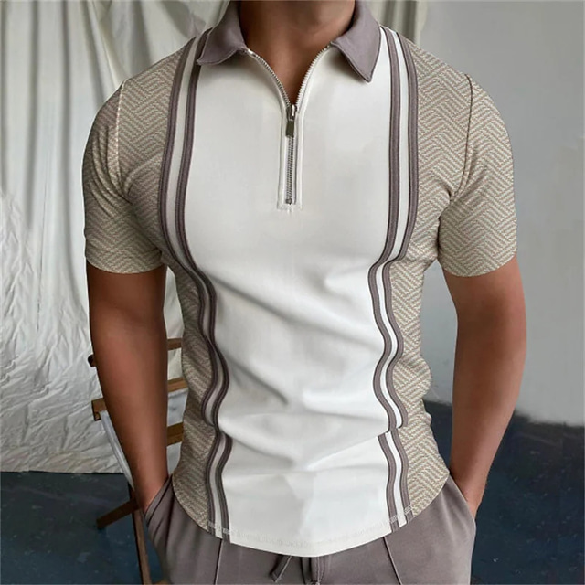  Men's Polo Shirt Quarter Zip Polo Going out golf shirts Turndown Quarter Zip Short Sleeve Sports Designer Striped Quarter Zip Spring & Summer Slim Light Green Blue Light Purple Khaki Polo Shirt