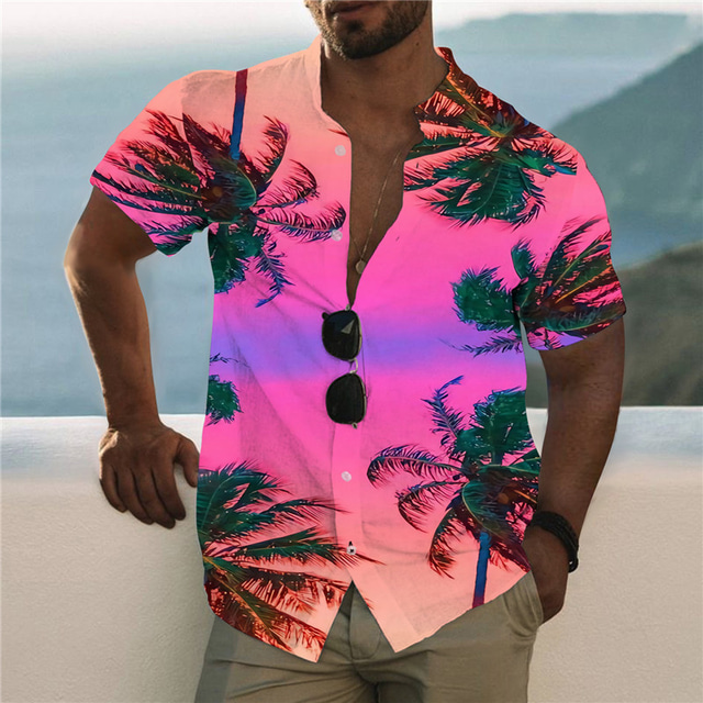  Men's Shirt Summer Hawaiian Shirt Graphic Shirt Aloha Shirt Scenery Stand Collar Light Pink Yellow Black / Purple Pink Sky Blue 3D Print Outdoor Casual Short Sleeve Button-Down Print Clothing Apparel