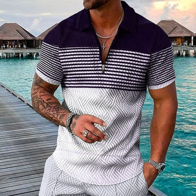  Men's Striped Hawaiian Polo Shirts Golf Shirt Short Sleeve Polo Shirts Collared Shirts Casual Beach Wear Vacation Wear Party Outfits 3D Print Quarter Zip Polo Black-White Black Army Green