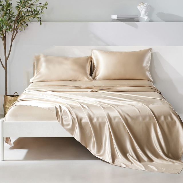  Parure de lit 4 pièces en satin de soie de luxe avec poche profonde et douce unie comprenant 1 drap plat, 1 drap-housse, 2 taies d'oreiller.