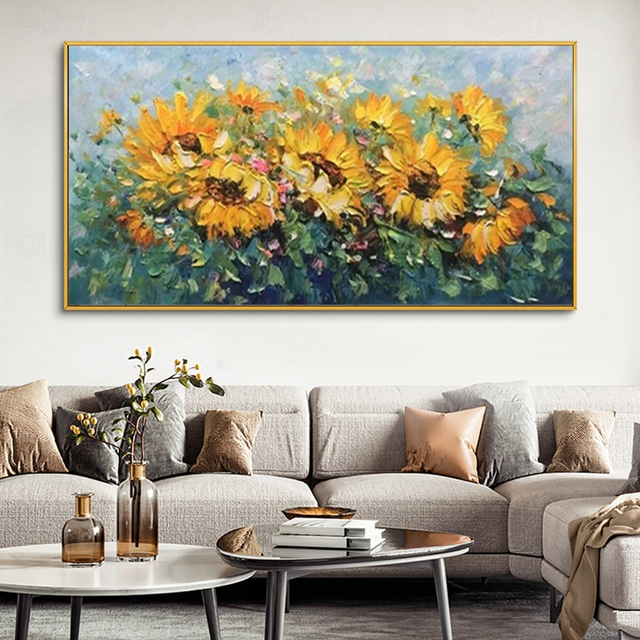  Handmade Oil Painting Canvas Wall Art Decoration Abstract Plant Floral Painting Blooming Sunflower for Home Decor Rolled Frameless Unstretched Painting