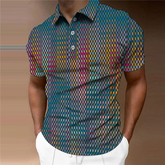  Men's Polo Shirt Golf Shirt Geometry Turndown Blue Purple Brown Gray 3D Print Outdoor Street Short Sleeves Print Button-Down Clothing Apparel Fashion Designer Casual Breathable