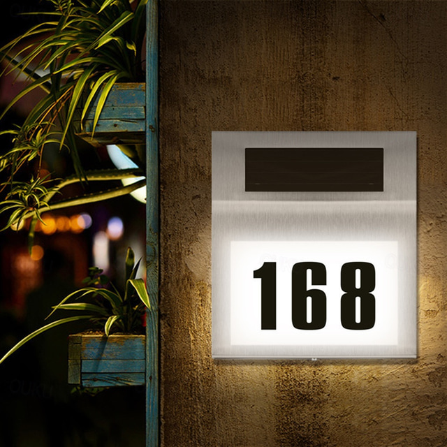  Solar House Number LED Address Sign Address Plaque Stainless Steel Door Number Light Outdoor Waterproof LED House Address Number Indicator Outdoor Garden Street Decoration Lighting Wall Light