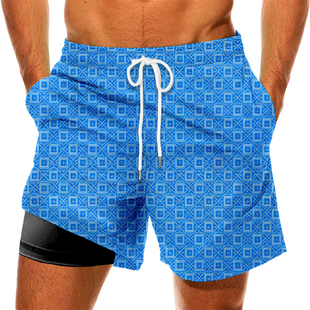  Men's Swim Trunks Swim Shorts Quick Dry Board Shorts Bathing Suit with Pockets Compression Liner Drawstring Swimming Surfing Beach Water Sports Grid Pattern Summer