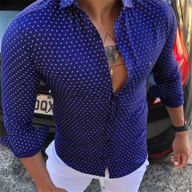  Men's Shirt Polka Dot Turndown Street Casual Button-Down Long Sleeve Tops Casual Fashion Comfortable Beach Navy Blue