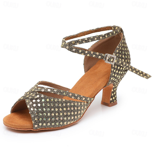  Women's Latin Shoes Dance Shoes Indoor Professional ChaCha Glitter Crystal Sequined Jeweled Softer Insole High Heel Round Toe Buckle Adults' Dark Brown / Sparkling Glitter / Satin