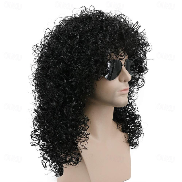  70. a 80. léta rocker Mullet paruka cosplay paruka pro muže dlouhá kudrnatá černá paruka karnevalová párty kostýmová paruka Halloween paruky