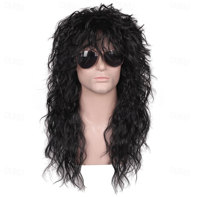  Grappige mannen Carnaval kostuum Pruik Mannen 70s 80s Lange Krullende Zwarte Rocker Kostuum Pruik Halloween Pruiken