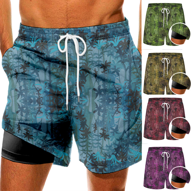  Men's Swim Trunks Swim Shorts Quick Dry Board Shorts Bathing Suit Compression Liner with Pockets Drawstring Swimming Surfing Beach Water Sports Floral Spring Summer