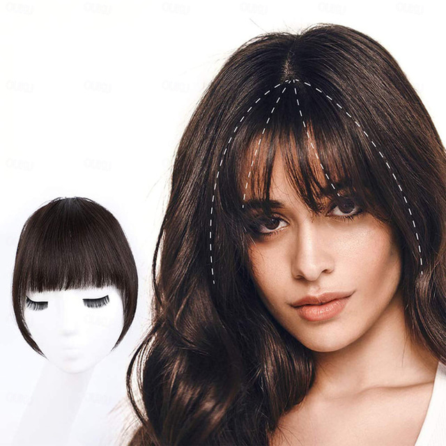  Bangs Hair Clip in Extensions Natural Fringe Bangs Clip-on Front Neat Flat Bang One Piece Long Straight Hairpiece for Women