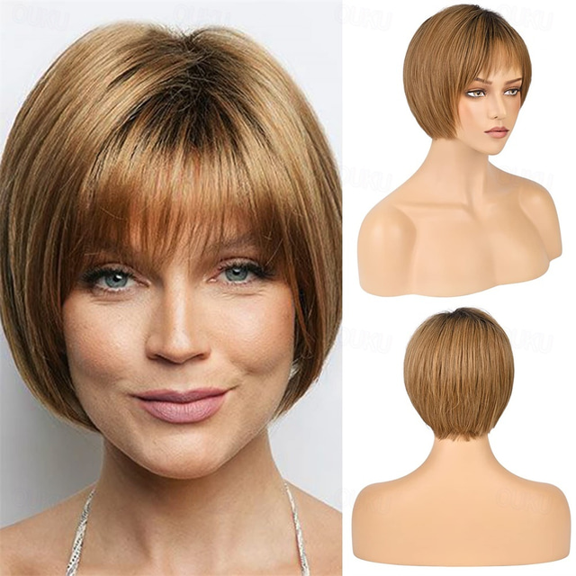  blond bob peruk med luft lugg för vita kvinnor 10 kort ombre ask blond med mörka rötter hår peruk syntetisk sidodel naturligt utseende hårstycke