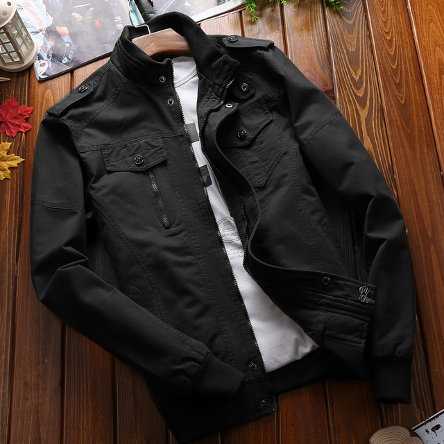  Men's Bomber Jacket Varsity Jacket Outdoor Daily Windproof Embroidered Pocket Spring Fall Solid Color Casual Military Style Stand Collar Regular Regular Regular Fit Black Army Green Khaki Jacket