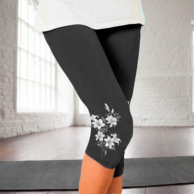 Women's Sports Gym Leggings Yoga Pants High Waist Spandex Black Capri Leggings Floral Tummy Control Butt Lift Clothing Clothes Yoga Fitness Gym Workout Running / High Elasticity / Athletic