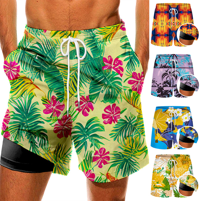  Men's Swim Trunks Swim Shorts Quick Dry Board Shorts Bathing Suit Compression Liner with Pockets Drawstring Swimming Surfing Beach Water Sports Floral Summer / Stretchy