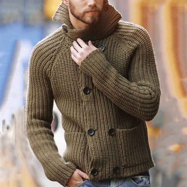  Hombre Pulóveres Chaqueta de Punto Abrigo de cuello alto Croché Tejer Botón De Punto Color sólido Escote Chino Básico Casual Diario Festivos Ropa Invierno Otoño Caqui S M L