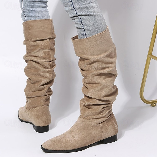  Women's Suede Slouchy Knee-High Boots with Flat Sole, Ideal for Casual Wear and Comfortable Outfits