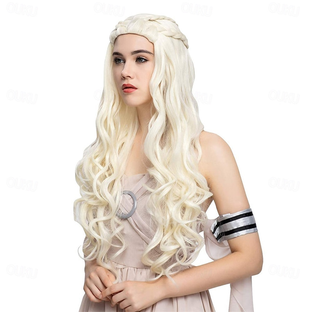  Daenerys Targaryen Wigs Long Curly Blonde Braid Cosplay Wig for Women   Hair Wig Halloween Wigs