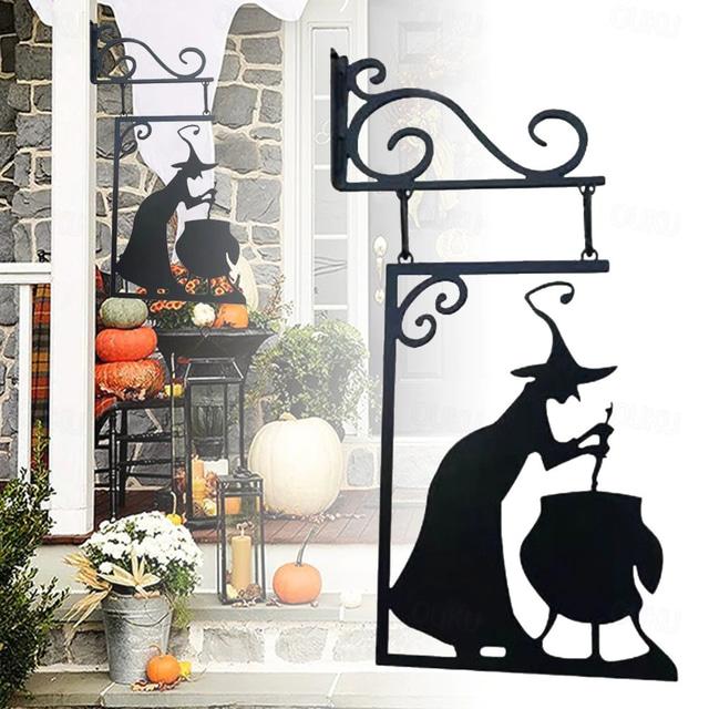  halloween noita pata siluetti seinäsisustus - ulkona metalli noidat pata seinälle ripustettava koriste, halloween pelottava roikkuva metalliseinäkyltti puutarhajuhla sisustus