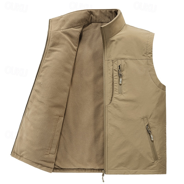  Men's Fleece Vest Vest Gilet Daily Outdoor clothing Sporty Casual Daily Winter Print Polyester Windproof Warm Number Zipper Stand Collar Regular Fit Black Army Green Blue Khaki Vest