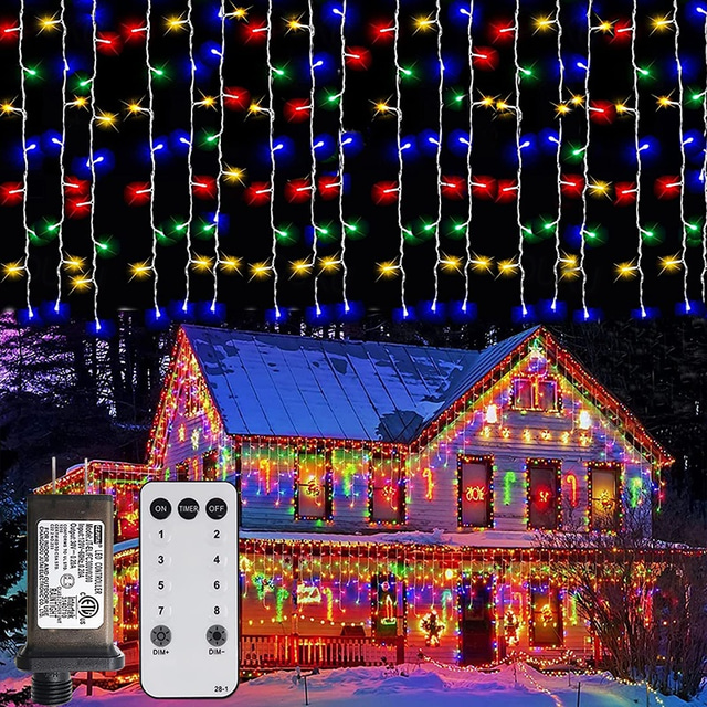  Lumières de rideau en glaçon extérieur 6x1M-300LED branchement 9 couleurs télécommande lumière murale suspendue pour fenêtre blanc chaud RGB pour chambre fête  31V EU/US/AU/UK
