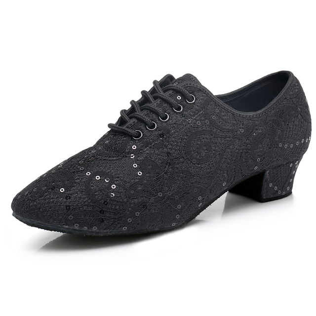  女性用ブラックレースダンスシューズ、ミッドヒール - パフォーマンス用エレガントなスパンコールラテン＆社交ダンスシューズ