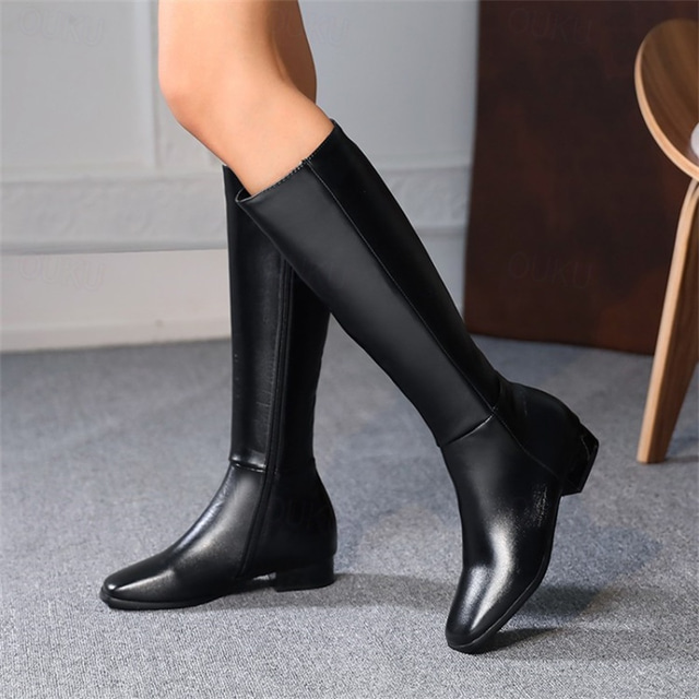  botas de montaria femininas pretas de couro sintético até o joelho – estilo equestre elegante para uso casual e formal