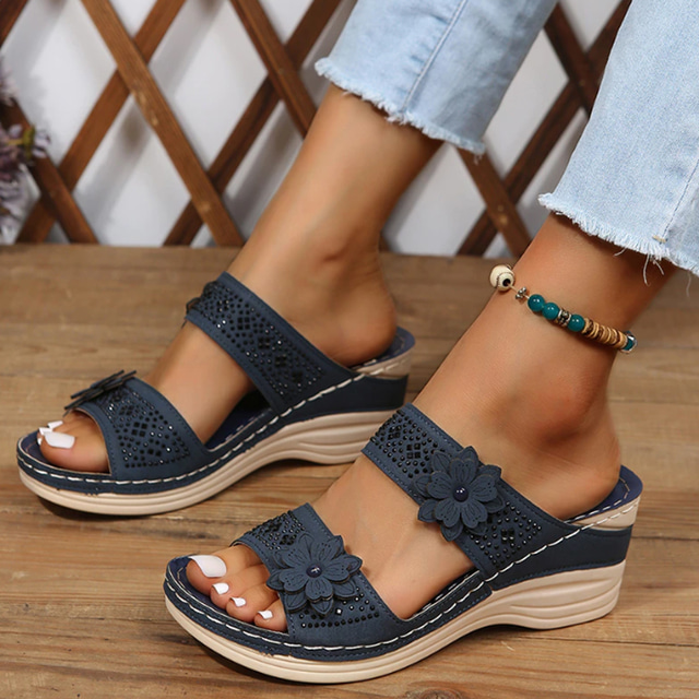  Women's Floral Embellished Wedge Sandals with Comfortable Arch Support - Perfect for Casual Summer Outings