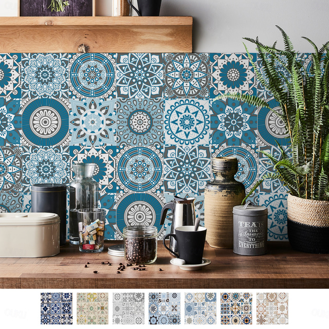  24pcs Creative Kitchen Bathroom Living Room Self-adhesive Wall Stickers Waterproof Fashion Blue Mandala Tile Stickers