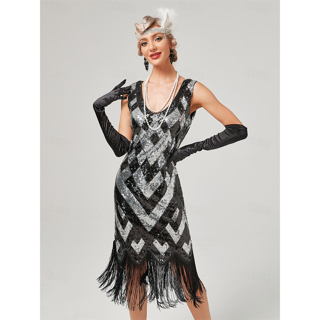  Roaring 20s 1920s Cocktail Dress Flapper Dress Dress Masquerade Normal The Great Gatsby Charleston Wedding Guest Sequins Tassel Fringe Women's Halloween Carnival Masquerade Carnival Wedding Wedding