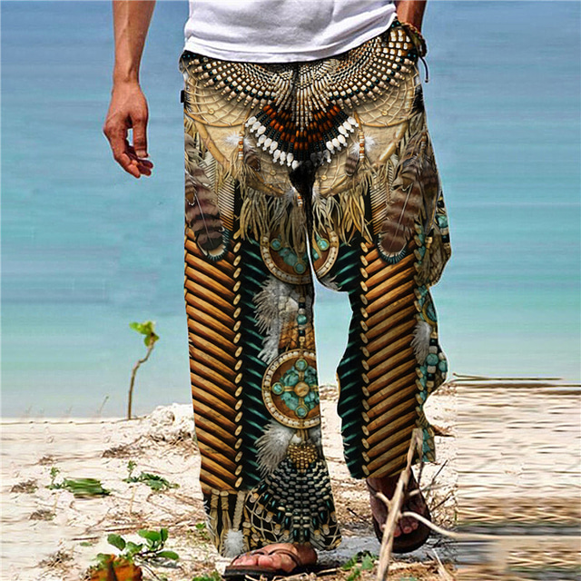  Men's Trousers Summer Pants Beach Pants Boho Pants Pocket Drawstring Elastic Waist Graphic Prints Comfort Breathable Casual Daily Holiday Streetwear Designer Navy Blue Blue