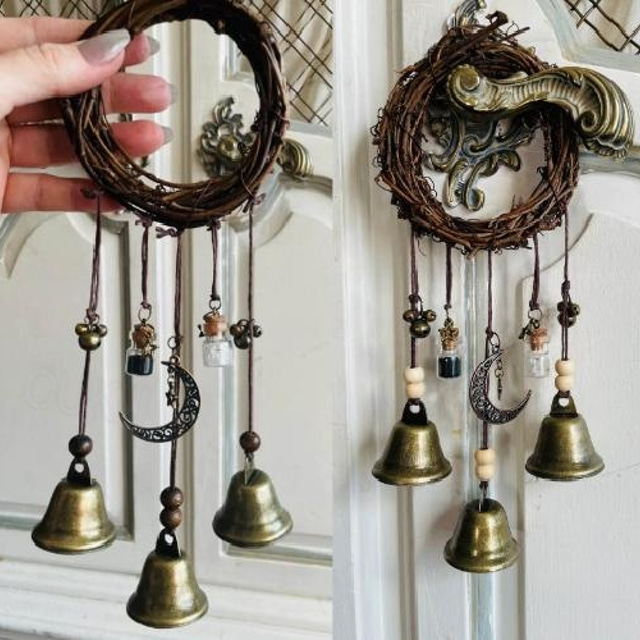  Bells for Door Knob for Protection, Witch Wind Chimes Door Hanger, Handmade Rattan Wind Chimes Witch Decor, Protection Witchcraft Home Decor-1pcs