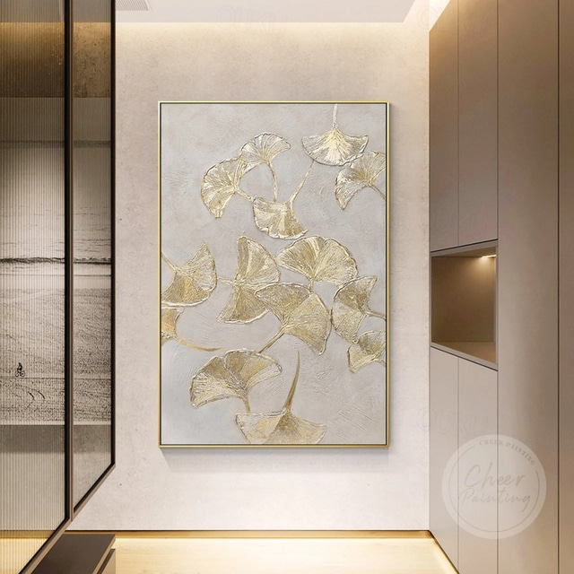  Botanical Oil Painting Gold Ginkgo Biloba Leaf Handmade Painted Wall Art On Canvas Modern Home Decor Gift Rolled Canvas No Frame Unstretched Living Room