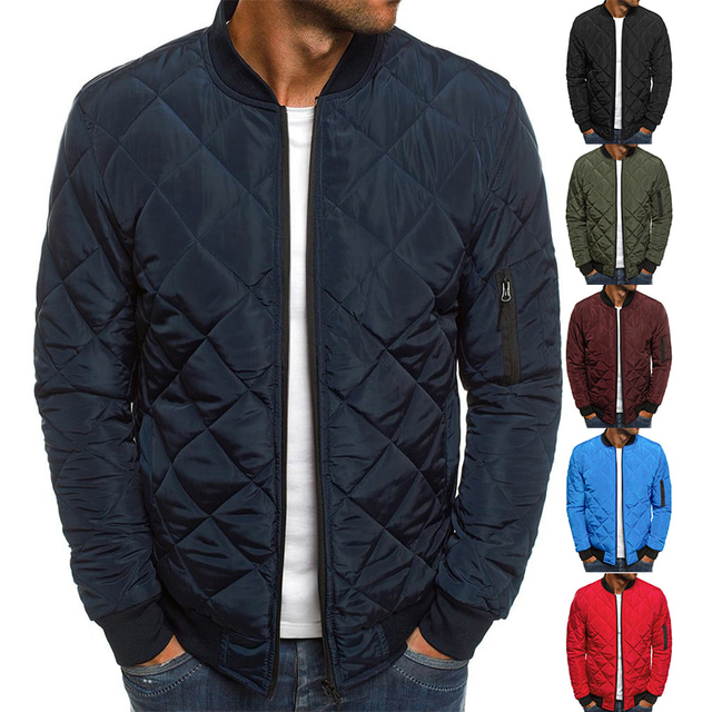  Men's Bomber Quilted Jacket Diamond Padded Jacket Winter Outdoor Chunky Varsity Flight Windproof Warm Trench Coat Top Quilted Seams Cotton Outwear Overcoat Full Zipper Camping Hiking Hunting Fishing