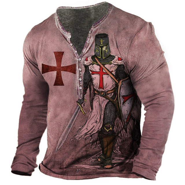  Hombre Graphic Cruz Templaria Soldier Camiseta Henley Shirt Tee camisa de la vendimia Manga Larga Camiseta Impresión 3D Henley Camisa Design Básico Clásico Exterior Diario Deportes Rojo Morado Marrón