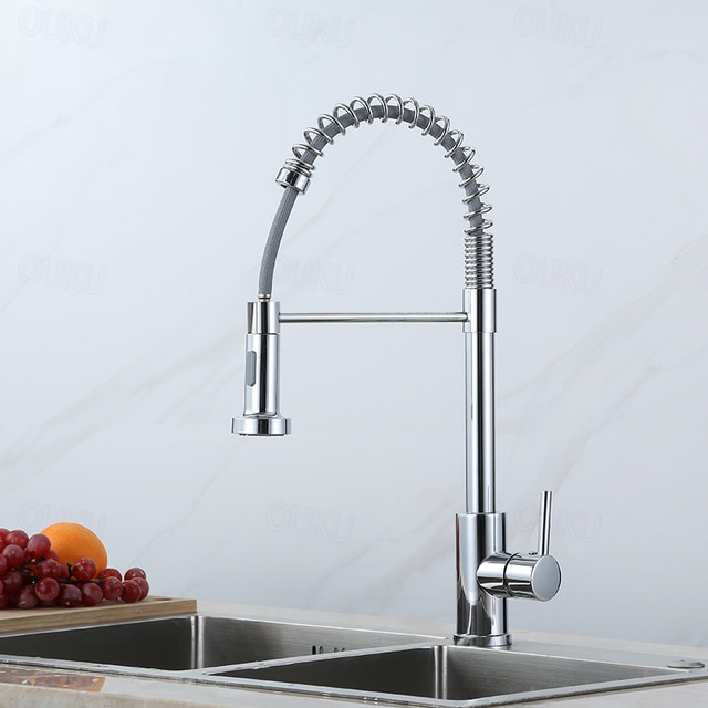  Kitchen Faucets 304 Stainless Steel Single Handle Single Lever Pull Down Sprayer Spring Kitchen Sink Faucet Brushed Nickel