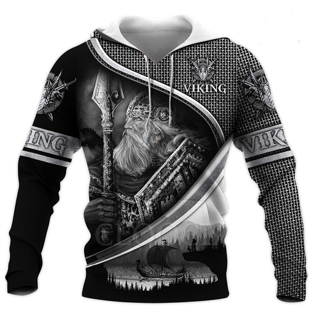  Viking Warrior Mens Graphic Hoodie Unisex Pullover Sweatshirt Gray Hooded Knights Templar Prints Human Daily Sports 3D Streetwear Black Cotton