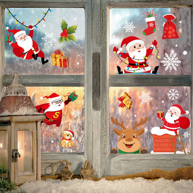  1 Set Christmas Window Stickers Santa Claus Sticker Merry Christmas Decorations for Home Navidad Xmas Ornament Gift New Year