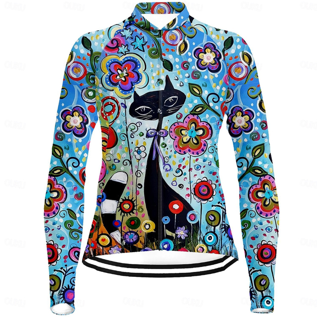  Women's Cycling Jersey Long Sleeve Bike Jersey Top with 3 Rear Pockets Mountain Bike MTB Road Bike Cycling Breathable Quick Dry Moisture Wicking Reflective Strips Red Blue Purple Cat Floral Botanical