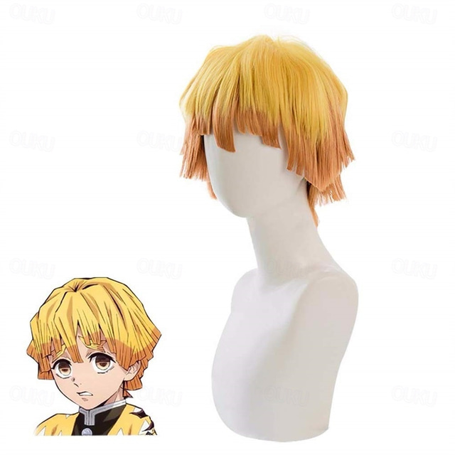  Agatsuma Zenitsu Wig Demon Slayer Cosplay  Wig Yellow Gradient Orange Curly Short Hair for Men Halloween Wigs