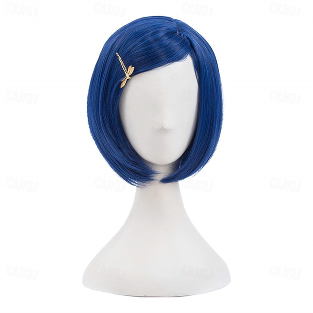  Morticia Short Straight Blue Women Bob Full Bang Kids Wig with Gold Dragonfly Hairpin