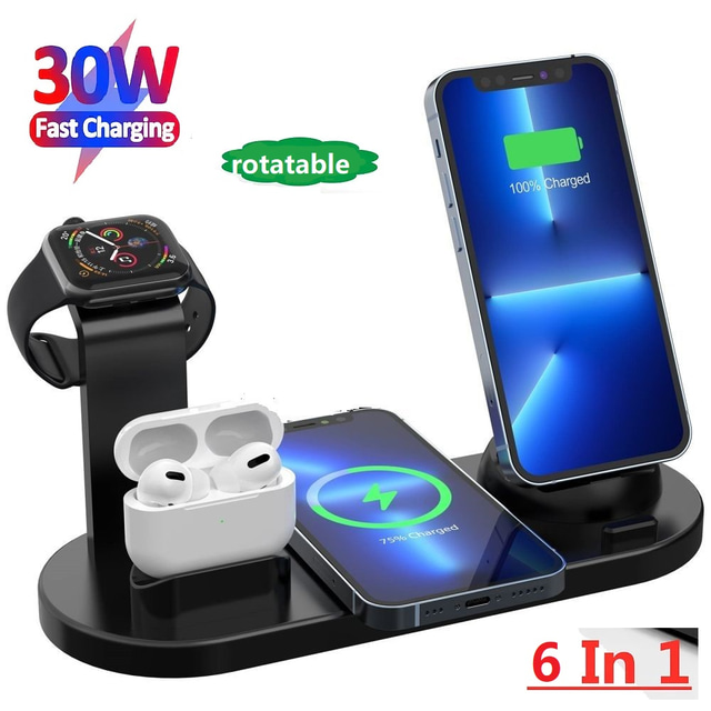  Wireless Charger Stand 6 in 1 QI Wireless Charging Station Dock for Iwatch iPhone Airpods Compatible with iPhone iPhone 14 13 12 11 Pro Max Mini X XS XR 8 7/Samsung S22/S21