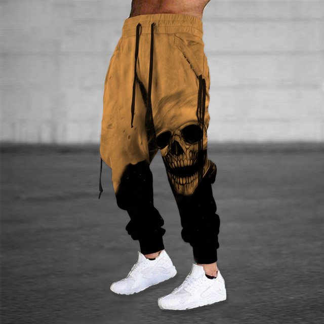  Halloween The Skull Pants Mens Graphic | Casual Sports Outdoor Yellow Cotton | Sweatpants Joggers Trousers Drawstring Side Pockets Elastic Waist Prints Comfort Breathable Daily Blend