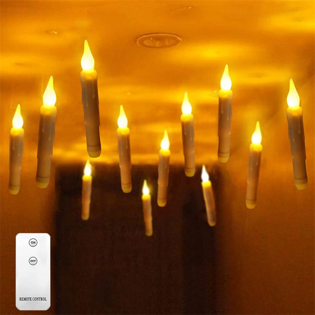  12Pcs Christmas Floating Candles with Remote Control LED Flameless Candles Hanging Flameless Candlesticks LED Taper Candles with Hooks Flickering Battery Operated for Halloween Church Home Christmas