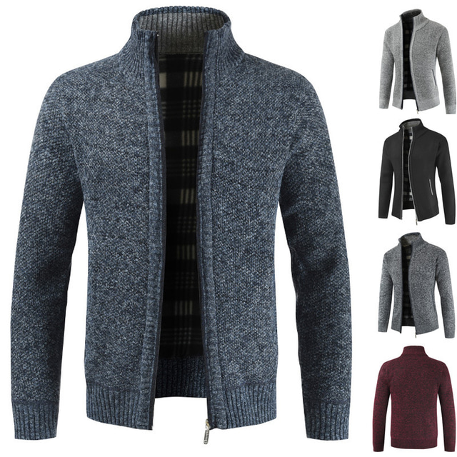  Men's Cardigan Casual Winter Thick Fleece Full Zip Knitted Cardigan Sweater Jacket with Pockets Stand Collar Colorblocked Jumpers Long Sleeve Chunky Sweater Windproof Lightweight Warm Winter Coat