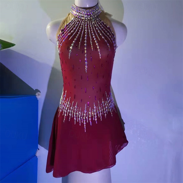  Figure Skating Dress Women's Girls' Ice Skating Dress Red Open Back Spandex High Elasticity Training Competition Skating Wear Crystal / Rhinestone Sleeveless Ice Skating Figure Skating / Winter