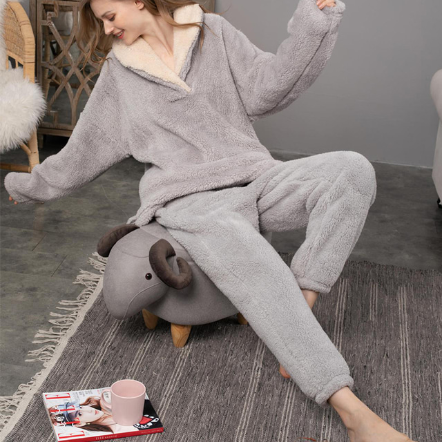  kvinners pyjamas pjs sett 2 stk ren farge mote plysj komfort hjemme ferie fleece v wire langermet genser bukse elastisk midje høst vinter hjemmeantrekk