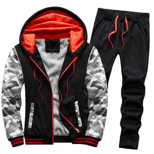  Men's Hoodies Set Black Blue Light Grey Gray Hooded Camo / Camouflage Zipper Pocket 2 Piece Sports & Outdoor Daily Sports Sportswear Casual Thin fleece Winter Clothing Apparel Hoodies Sweatshirts 